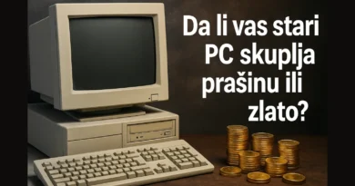 Stari računar iz 90-ih pored zlatnika, sa natpisom: Da li vaš stari PC skuplja prašinu ili zlato?