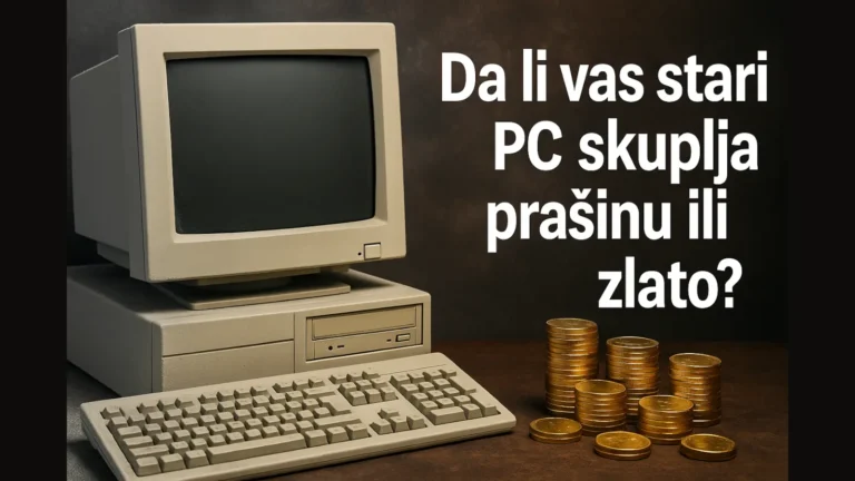 Stari računar iz 90-ih pored zlatnika, sa natpisom: Da li vaš stari PC skuplja prašinu ili zlato?