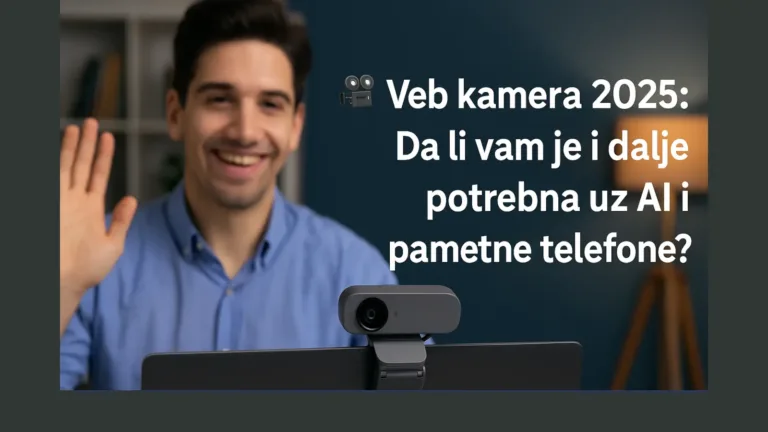 Da li vam je zaista potrebna veb kamera 2025. godine? 1 Muškarac koristi veb kameru tokom video poziva sa tekstom: Veb kamera 2025 – Da li vam je i dalje potrebna uz AI i pametne telefone?