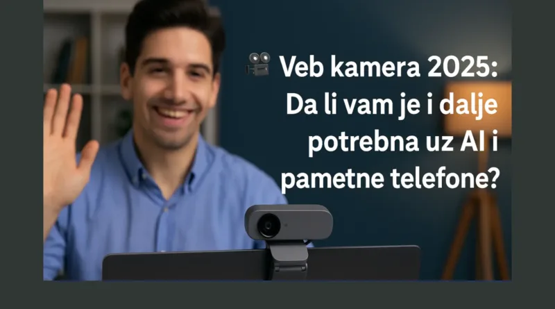 Muškarac koristi veb kameru tokom video poziva sa tekstom: Veb kamera 2025 – Da li vam je i dalje potrebna uz AI i pametne telefone?