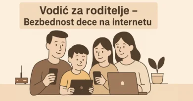 Ilustracija porodice sa uređajima i tekstom „Vodič za roditelje – Bezbednost dece na internetu