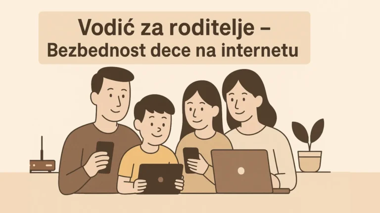 Ilustracija porodice sa uređajima i tekstom „Vodič za roditelje – Bezbednost dece na internetu
