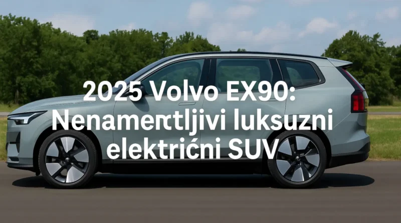 Volvo EX90 električni SUV iz 2025. godine parkiran ispred modernog skandinavskog pejzaža
