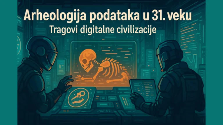 Futuristički arheolozi analiziraju digitalne podatke; naslov „Arheologija podataka u 31. veku“ čitljiv u kadru (16:9).