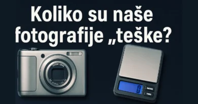 Ilustracija digitalnog fotoaparata i vage sa natpisom „Koliko su naše fotografije teške?