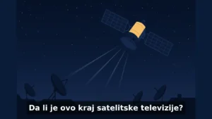 Tamno zvezdano nebo sa GEO satelitom i signalnim zracima ka Zemlji, ispod krovova sa paraboličnim antenama, sa natpisom 'Da li je ovo kraj satelitske televizije?
