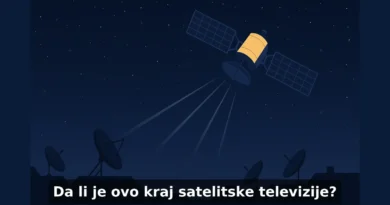 Tamno zvezdano nebo sa GEO satelitom i signalnim zracima ka Zemlji, ispod krovova sa paraboličnim antenama, sa natpisom 'Da li je ovo kraj satelitske televizije?