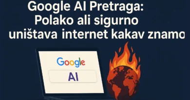 Laptop sa AI pretragom i zapaljena planeta – negativni efekti Google AI pretrage