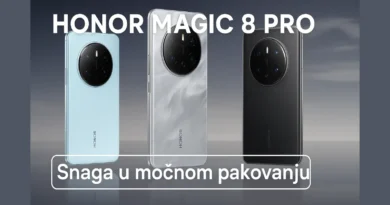 Tri modela HONOR Magic 8 Pro telefona (plavi, beli i crni) na reflektujućoj površini sa tekstom "HONOR MAGIC 8 PRO" i sloganom "Snaga u moćnom pakovanju