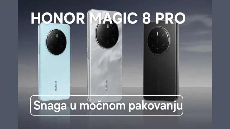 Tri modela HONOR Magic 8 Pro telefona (plavi, beli i crni) na reflektujućoj površini sa tekstom "HONOR MAGIC 8 PRO" i sloganom "Snaga u moćnom pakovanju