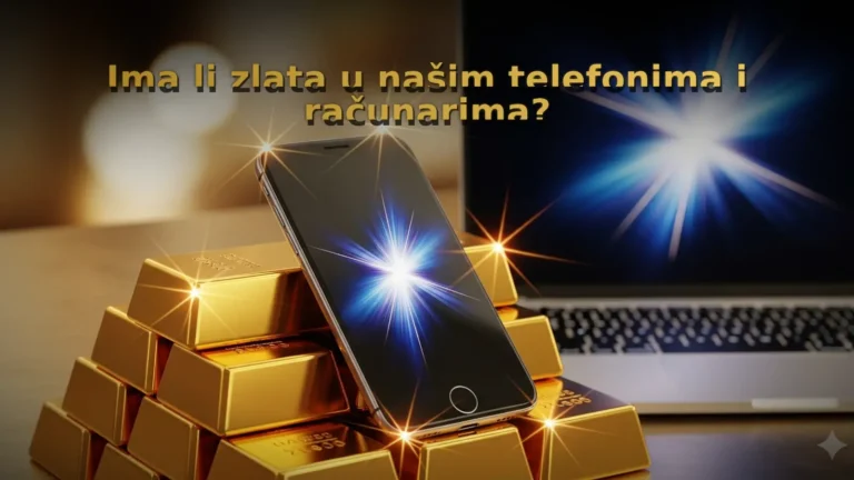 Mobilni telefon i laptop na zlatnim polugama, sa naslovom „Ima li zlata u našim telefonima i računarima?