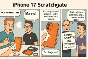 Humoristični strip o iPhone 17 Scratchgate aferi sa kupcem, Apple prodavcem i posterom o Ceramic Shield 2 otpornosti