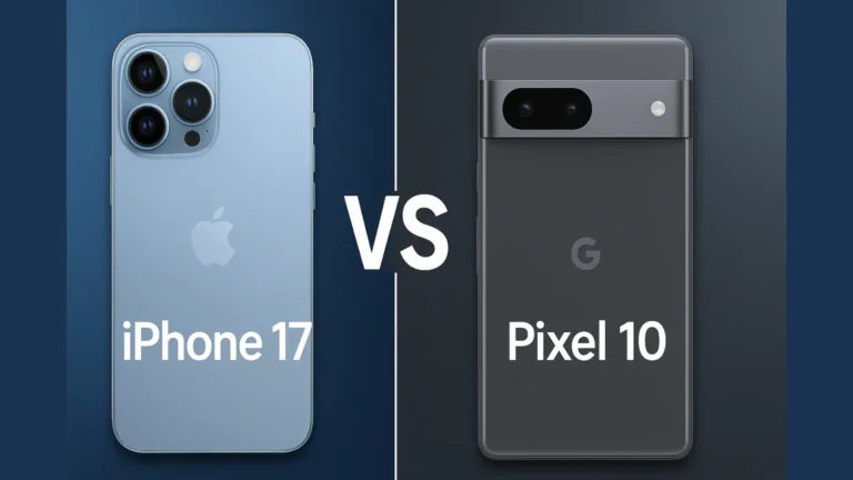 Digitalna ilustracija iPhone 17 i Google Pixel 10 telefona uporedo – dizajn leđa i oznake modela