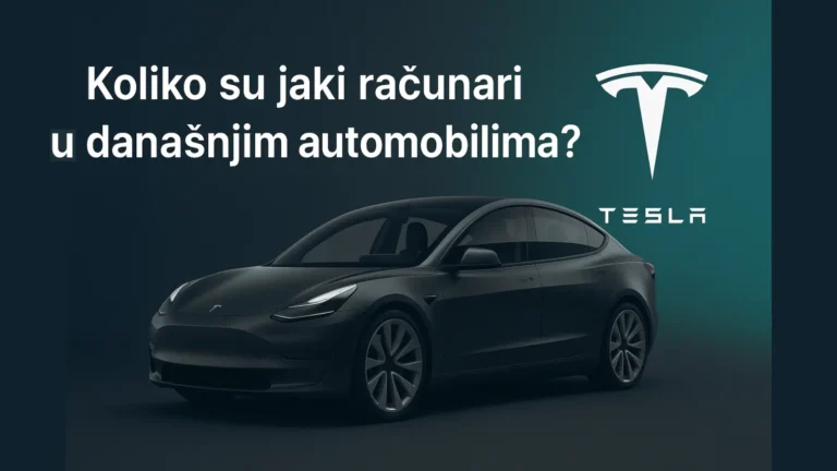 Moderno električno vozilo sa digitalnim interfejsom, uz tekst 'Koliko su jaki računari u današnjim automobilima?