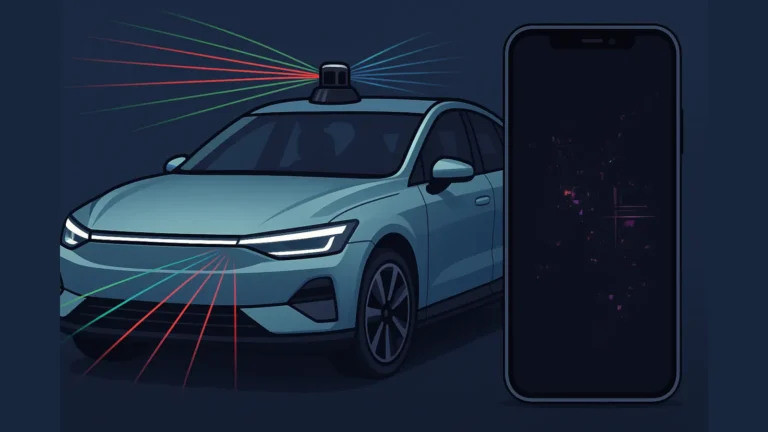 Električni automobil sa LiDAR senzorom i pametni telefon sa oštećenom kamerom