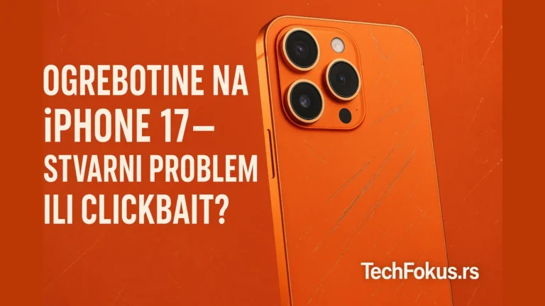 Ogrebotine na iPhone 17 – Stvarni problem ili clickbait? Naranđasti iPhone 17 sa ogrebotinama i logotip TechFokus.rs