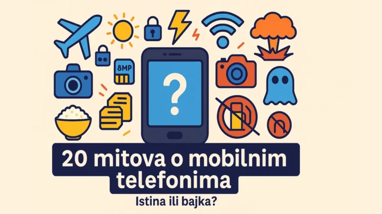 Ilustracija sa pametnim telefonom u centru okruženim ikonama koje simbolizuju mitove o mobilnim telefonima, uz tekst „20 mitova o mobilnim telefonima – istina ili bajka