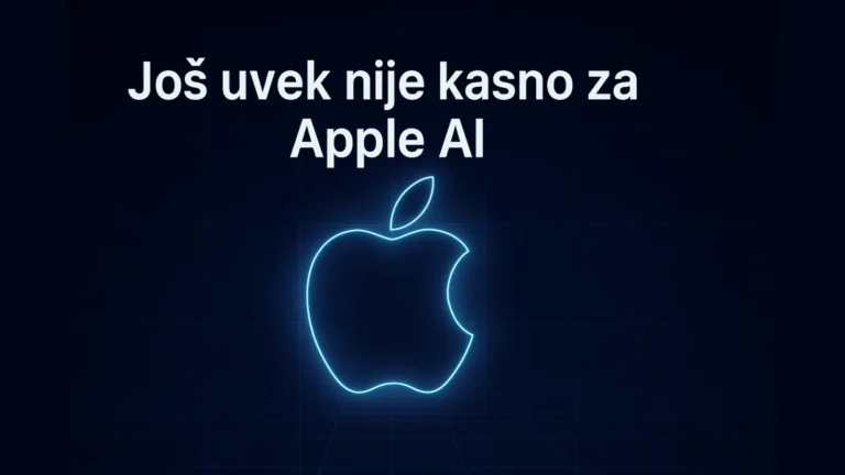 Futuristička ilustracija Apple AI koncepta sa Apple logom i tekstom ‘Još uvek nije kasno za Apple AI’ na tamnoj plavo-sivoj pozadini sa neon plavim efektima