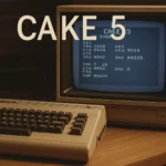 Commodore 64 računar na stolu sa monitorom koji prikazuje 6502 asemblerski kod i natpisom „CAKE 5“ u retro stilu