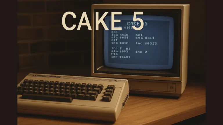 Commodore 64 računar na stolu sa monitorom koji prikazuje 6502 asemblerski kod i natpisom „CAKE 5“ u retro stilu