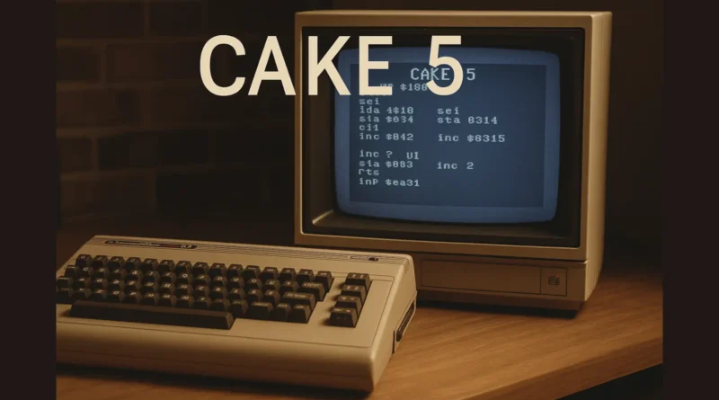 Commodore 64 računar na stolu sa monitorom koji prikazuje 6502 asemblerski kod i natpisom „CAKE 5“ u retro stilu