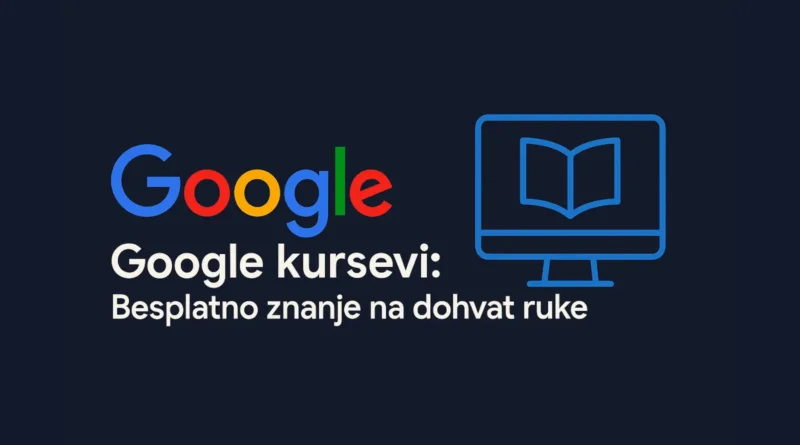 Google kursevi – ilustracija sa računarom, otvorenom knjigom i tekstom o besplatnom znanju