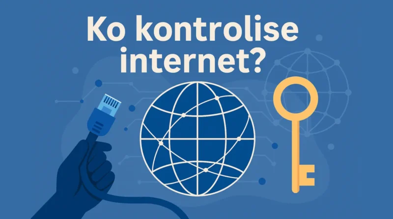 Ilustracija globusa povezanog mrežnim kablovima i digitalnim ključem, simbolizuje pitanje ko kontroliše internet.
