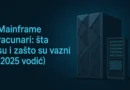 Mainframe računari – šta su i zašto su važni (2025 vodič) – ilustracija sa server kabinetom i PCB šablonom