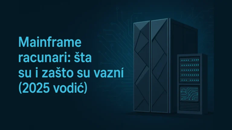 Mainframe računari – šta su i zašto su važni (2025 vodič) – ilustracija sa server kabinetom i PCB šablonom