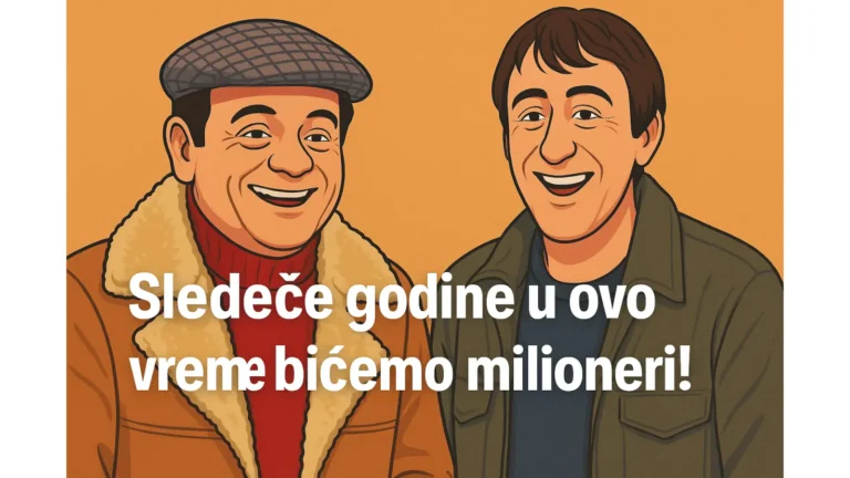 Sledeće godine u ovo vreme bićemo milioneri! 1 Ilustracija dvojice nasmejanih muškaraca u stilu likova Del Boja i Rodnija iz serije „Mućke“, uz natpis „Sledeće godine u ovo vreme bićemo milioneri!“, u toplim tonovima 80-ih.
