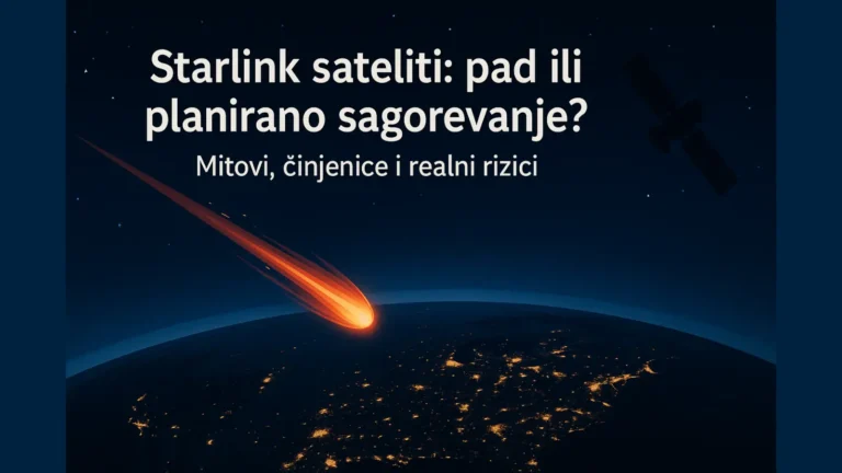 Starlink reulazak: ilustracija sagorevanja satelita u atmosferi iznad noćne Zemlje, sa diskretnim tragom i edukativnim tonom.
