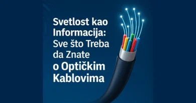 Ilustracija optičkog kabla koji emituje svetlost i natpis „Svetlost kao Informacija: Sve što Treba da Znate o Optičkim Kablovima