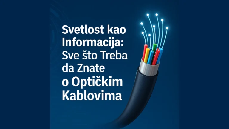 Ilustracija optičkog kabla koji emituje svetlost i natpis „Svetlost kao Informacija: Sve što Treba da Znate o Optičkim Kablovima