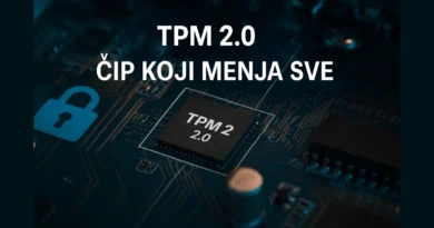 TPM 2.0 čip na matičnoj ploči sa natpisom „Čip koji menja sve“ – ilustracija za prelazak na Windows 11.