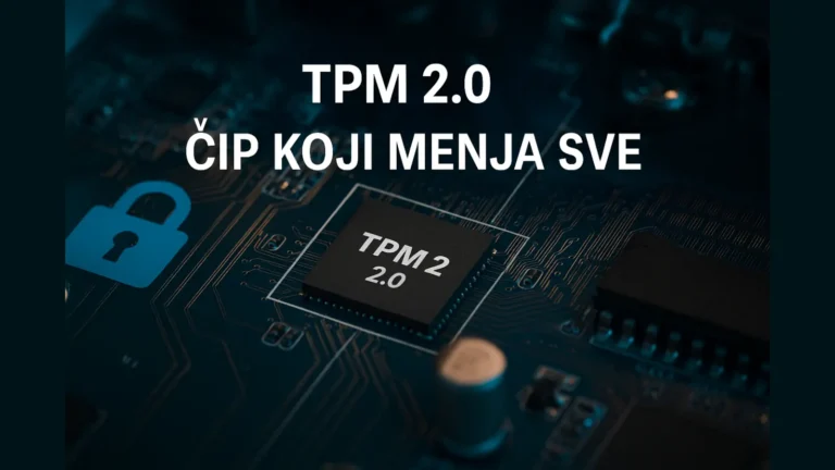 TPM 2.0 čip na matičnoj ploči sa natpisom „Čip koji menja sve“ – ilustracija za prelazak na Windows 11.