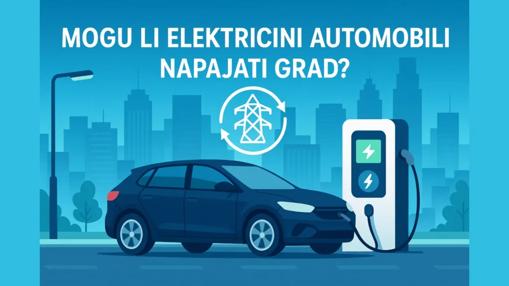 Ilustracija električnog automobila koji puni gradsku mrežu u kontekstu V2G tehnologije.