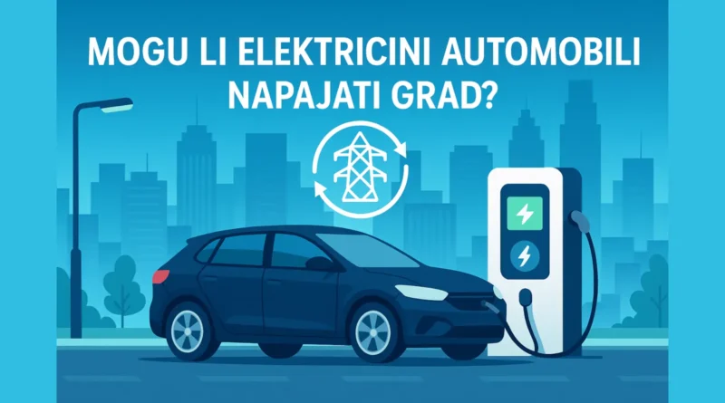 Ilustracija električnog automobila koji puni gradsku mrežu u kontekstu V2G tehnologije.