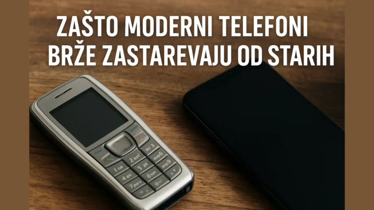 Kontrast između starog telefona sa tasterima i modernog pametnog telefona, ilustracija za članak „Zašto moderni telefoni brže zastarevaju od starih“