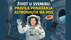Astronaut lebdi pored Međunarodne svemirske stanice u orbiti iznad Zemlje – ilustracija koja simbolizuje život i pravila ponašanja astronauta na MSS-u.