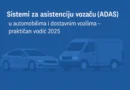ADAS vodič za automobile i dostavna vozila – ilustracija u plavim nijansama sa tekstom i prikazom vozila