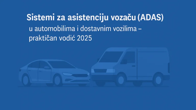 ADAS vodič za automobile i dostavna vozila – ilustracija u plavim nijansama sa tekstom i prikazom vozila