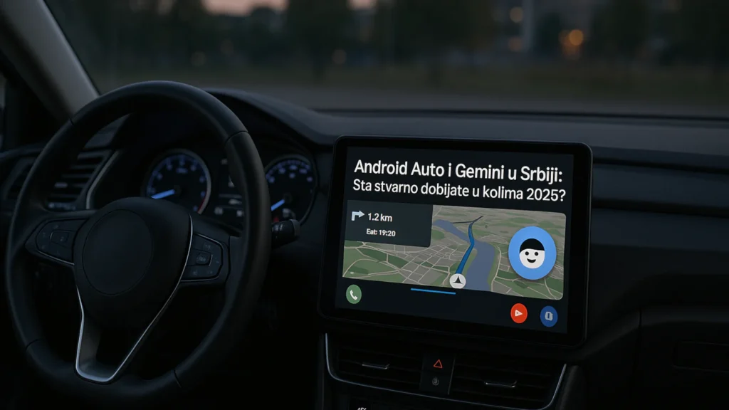 Unutrašnjost automobila u sumrak, na centralnom ekranu prikazan Android Auto sa naslovom „Android Auto i Gemini u Srbiji“