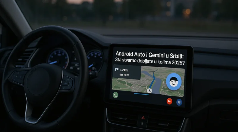 Unutrašnjost automobila u sumrak, na centralnom ekranu prikazan Android Auto sa naslovom „Android Auto i Gemini u Srbiji“