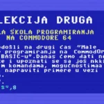 Retro ilustracija Commodore 64 računara sa prikazom BASIC koda i natpisom „Mala škola programiranja – Lekcija 2“