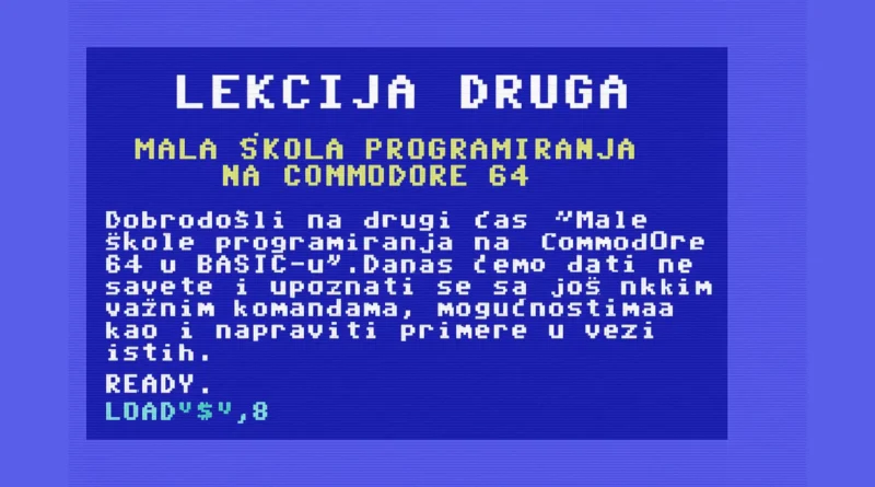Retro ilustracija Commodore 64 računara sa prikazom BASIC koda i natpisom „Mala škola programiranja – Lekcija 2“