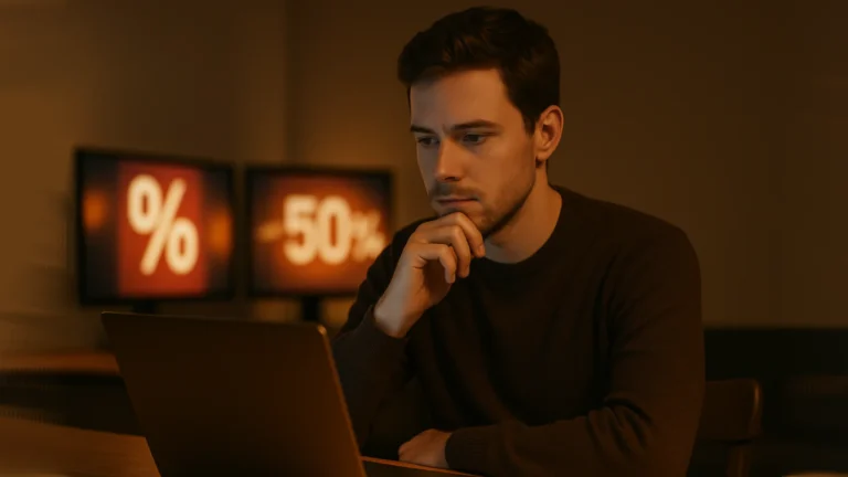 Mladi muškarac za laptopom, zabrinuto gleda Black Friday popuste na tehnici