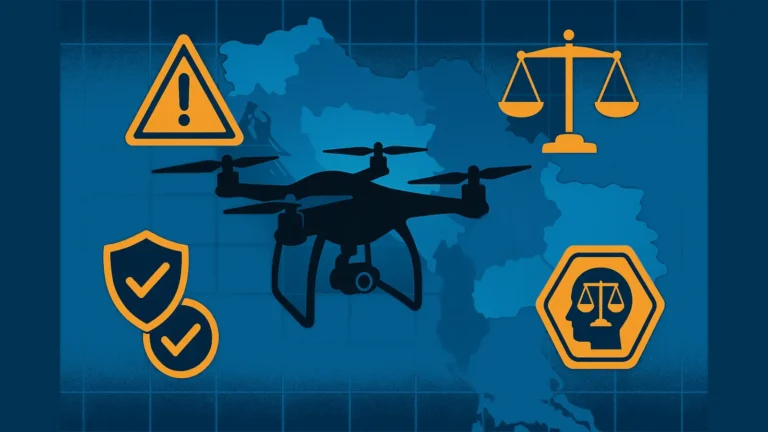 lustracija drona iznad mape Srbije sa ikonama registracije, dozvola, visine leta i zabranjenih zona (16:9)