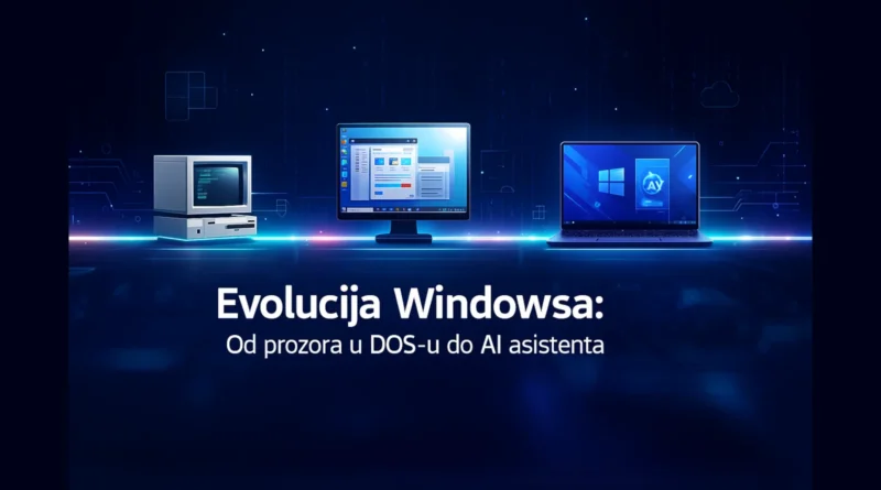 Ilustracija evolucije Windows operativnog sistema – od DOS prozora i starijih verzija do modernog Windows 11 sa AI Copilotom na savremenom laptopu.