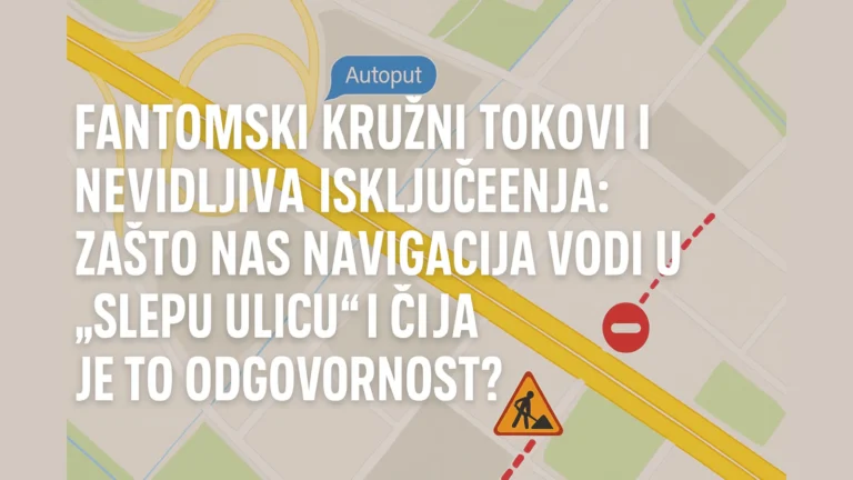 Digitalna mapa sa kružnim tokom, znakom radova i zabranjenog prolaza uz naslov o fantomskim kružnim tokovima i nevidljivim isključenjima u navigaciji