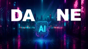 Cyberpunk ilustracija sa neon akcentima i visokim kontrastom; futuristički AI motiv u centru uz sjajne, “glow” detalje.